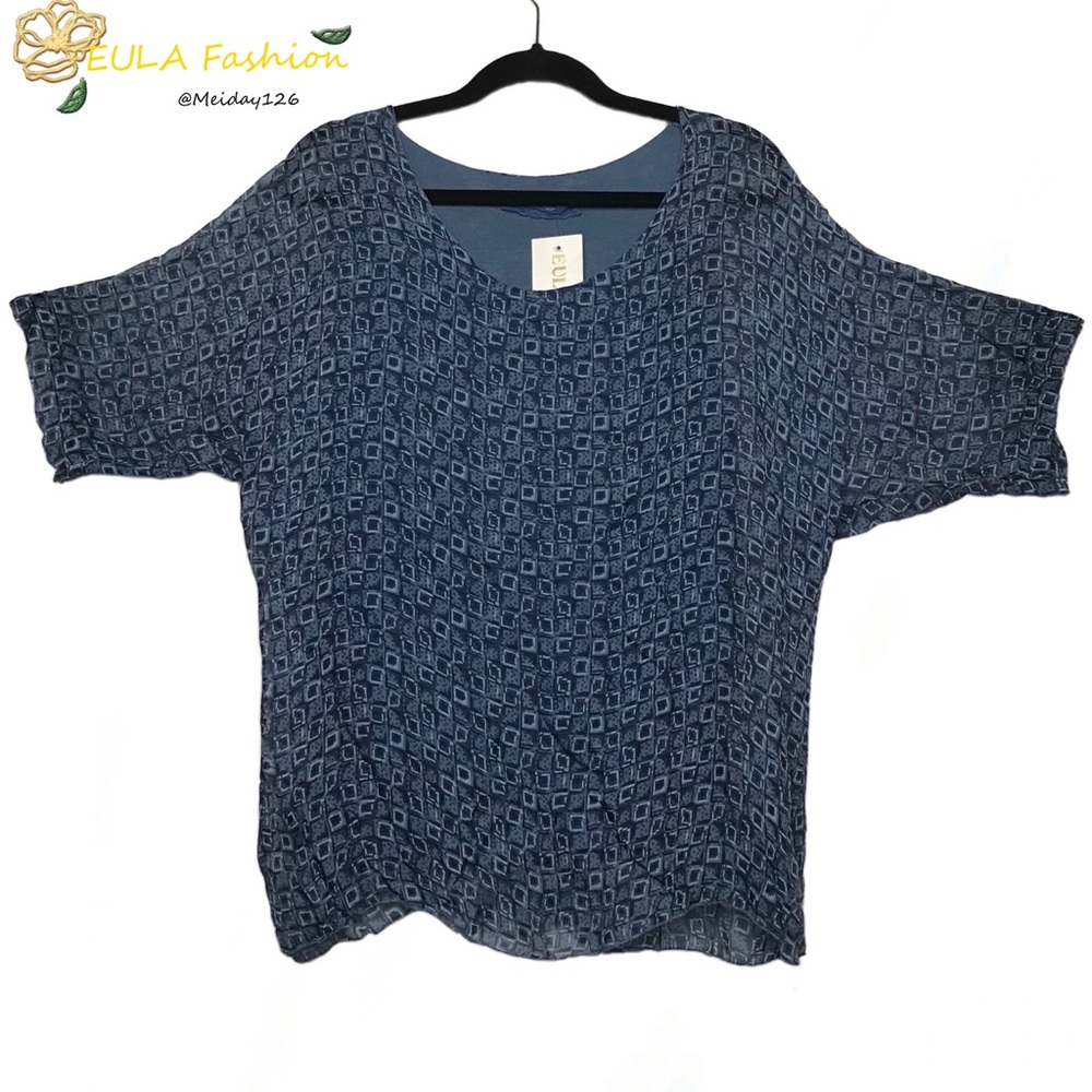 Silk Blend Short Sleeve Blue Blouse